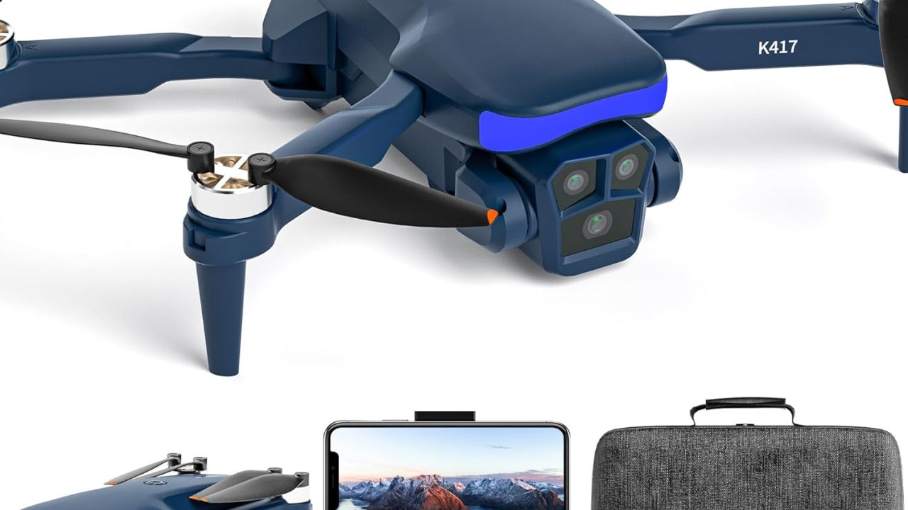 K417 Drone with Camera 1080P HD,Blue LED Lights AI Drones,90° Electric Adjustable with 2 Cameras for Adults,FPV Transmission,Remote Control Quadcopter with Altitude Hold for Beginners,Carry Case