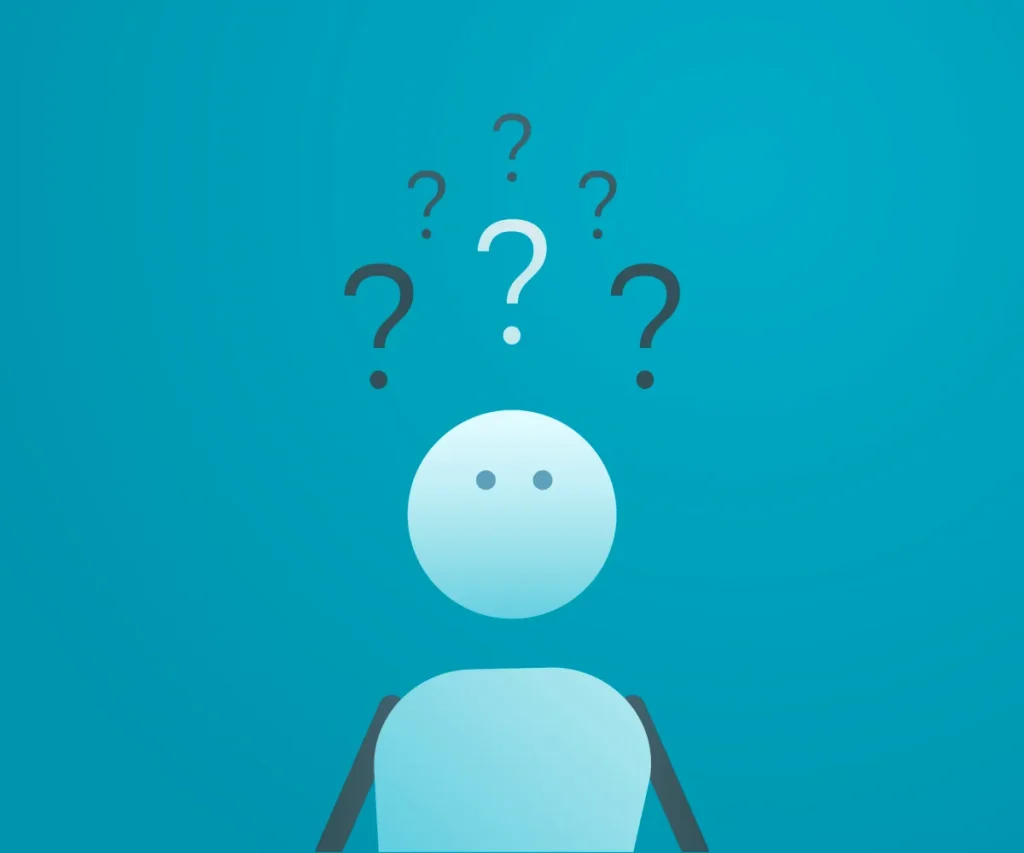 Character with a stack of question marks above his head. Vector illustration for different concepts like doubt, questions and answers, curiosity, confusion etc.
