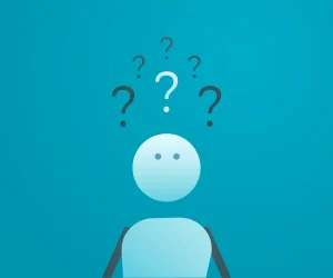 Character with a stack of question marks above his head. Vector illustration for different concepts like doubt, questions and answers, curiosity, confusion etc.