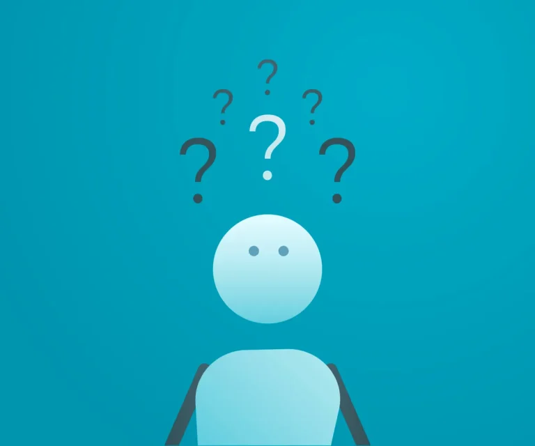 Character with a stack of question marks above his head. Vector illustration for different concepts like doubt, questions and answers, curiosity, confusion etc.