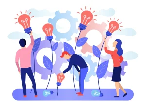 Image of a group of people collecting the fruits of plants in the form of a light bulb idea with gears in the background. 