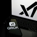 The Grok logo appears on a phone and the xAI logo is displayed on a laptop.