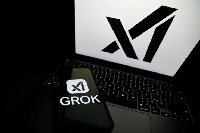 The Grok logo appears on a phone and the xAI logo is displayed on a laptop.