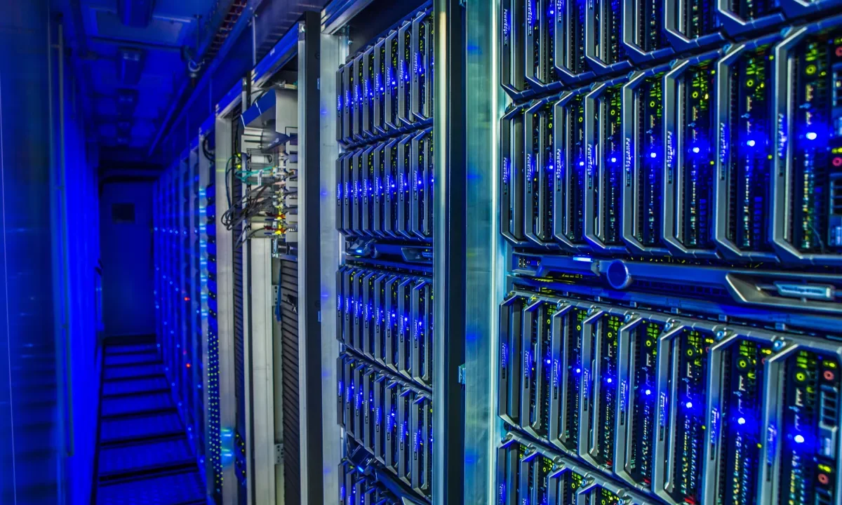 Computer racks in data center.