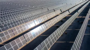 Rows of solar panels face the sunlight in Nevada.