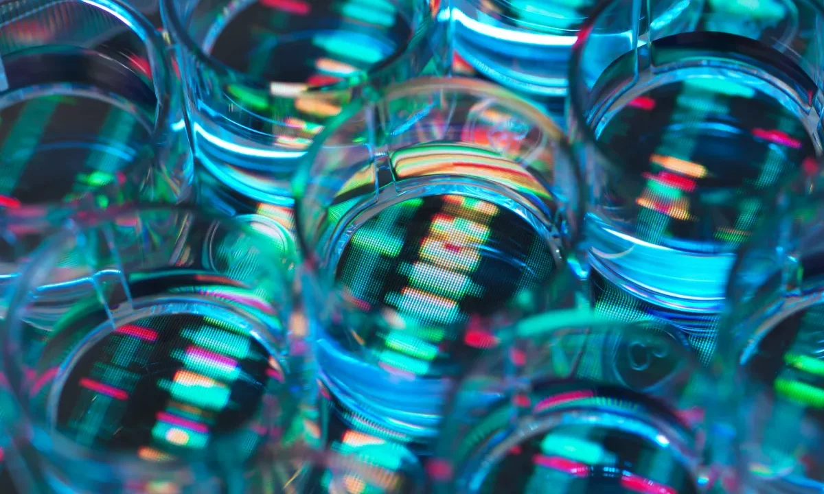 A human sample in a multi well plate ready for genetic analysis with a DNA sequence in the background