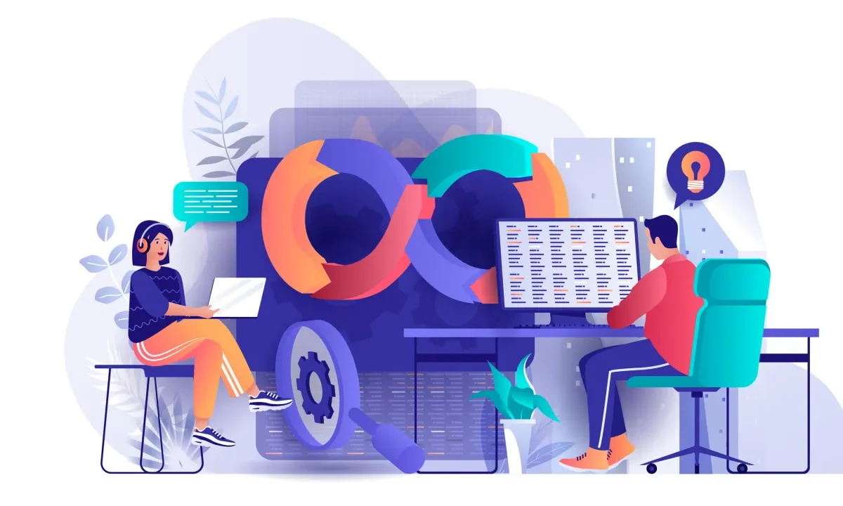 DevOps concept in flat design. Development operations scene template. Team of programmer working at laptop, coding, testing, engineering process. Vector illustration of people characters activities
