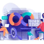 DevOps concept in flat design. Development operations scene template. Team of programmer working at laptop, coding, testing, engineering process. Vector illustration of people characters activities