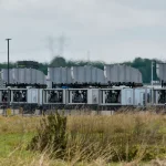 Gas turbines are visible at an xAI data center on Riverport Rd in Memphis, TN on April 25, 2025.