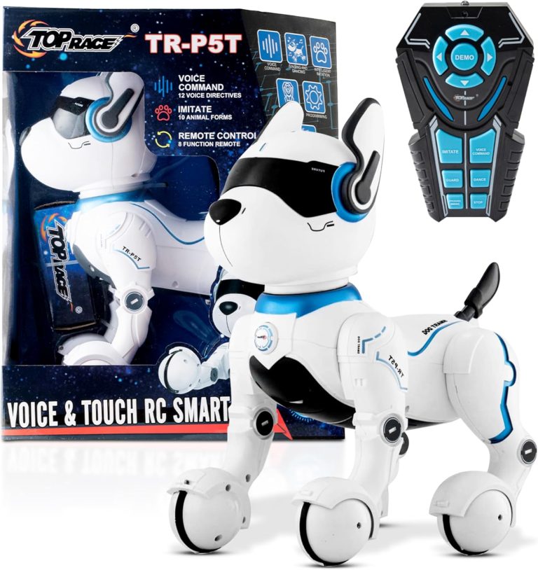 Top Race Rechargeable Robot Dog- Interactive Smart Robo Dog for Kids Ages 5-7 - Programmable with Remote Control, Voice and Touch Features - Realistic Actions and Perform Tricks - 4x5x6 Inches (White)
