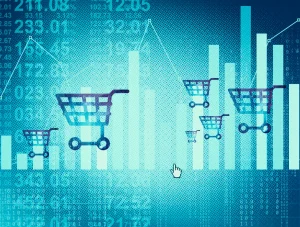 Multiple shopping carts over a data background to illustrate customer data.