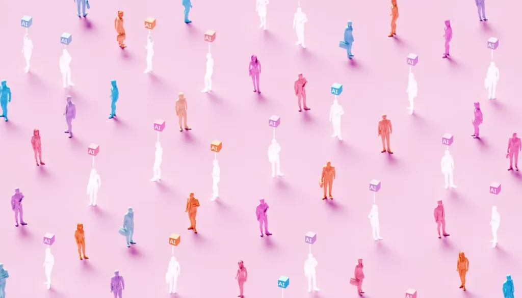 3D rendered conceptual illustration of numerous business figures evenly scattered across a soft pink background: solid colored human workers standing alongside identical translucent ghost-like figures, each translucent worker marked by a glowing “AI” symbol hovering above – powerful visualization of artificial intelligence replacing human workforce, solid employees mixed with their AI-replaced counterparts, automation displacing jobs, digital transformation eliminating roles, technological unemployment, workforce disruption, future of work with AI substitution, and the new era where real human workers are gradually replaced by artificial intelligence.