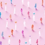 3D rendered conceptual illustration of numerous business figures evenly scattered across a soft pink background: solid colored human workers standing alongside identical translucent ghost-like figures, each translucent worker marked by a glowing “AI” symbol hovering above – powerful visualization of artificial intelligence replacing human workforce, solid employees mixed with their AI-replaced counterparts, automation displacing jobs, digital transformation eliminating roles, technological unemployment, workforce disruption, future of work with AI substitution, and the new era where real human workers are gradually replaced by artificial intelligence.