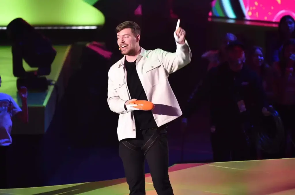 MrBeast speaks onstage during the 2023 Nickelodeon Kids' Choice Awards at Microsoft Theater in LA