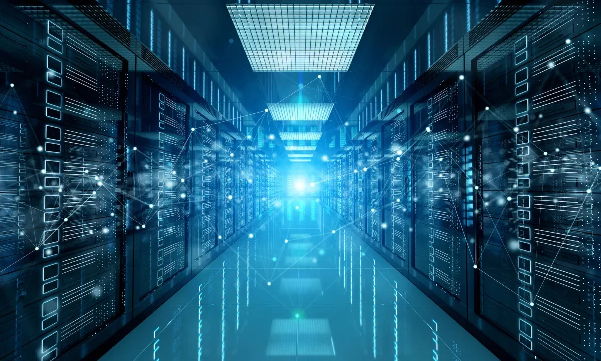 Blue tinted server room with overlay showing connections between the different equipment racks.