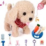 Interactive Walking Plush Puppy Toy Dog, Remote Control Electronic Robot Dog Realistic Wagging Tail, Rich Grooming Set, Gift Toy for Girls & Boys, Kids Age 3, 4, 5, 6 (Accessories Updated)
