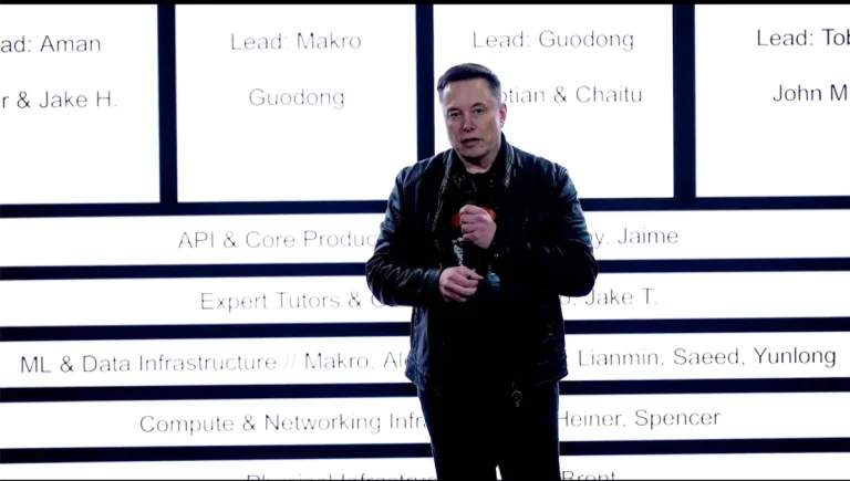 Elon Musk stands in front of xAI's new org chart