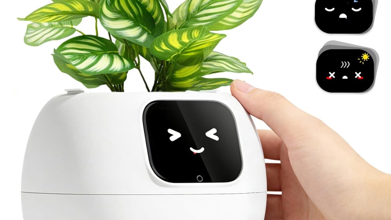 Smart Flower Pot, Smart Pet Planter Robot Guidance on Plant Care with Emoticons, Adorable Plant Companion with Alarm Clock, Living Room Desk Setup Gift