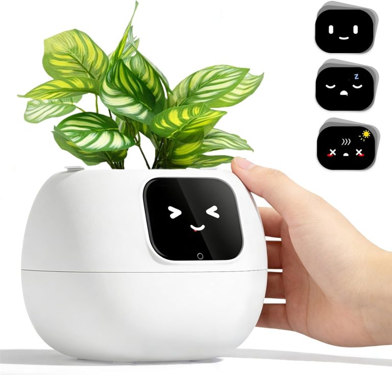 Smart Flower Pot, Smart Pet Planter Robot Guidance on Plant Care with Emoticons, Adorable Plant Companion with Alarm Clock, Living Room Desk Setup Gift