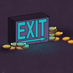 illustration of EXIT sign with gold coins scattered around it