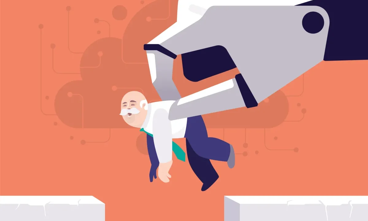 vector illustration of robot hand carrying senior man over cliff