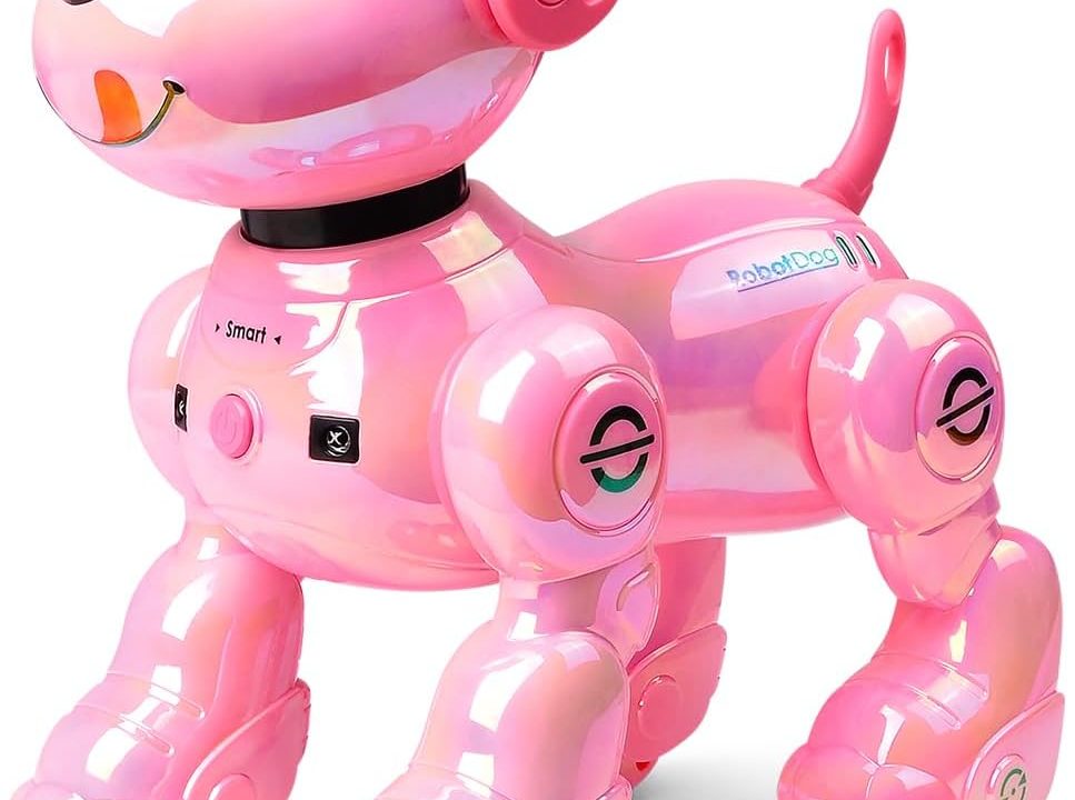 VATOS New Kids Remote Control Robot Dog, 17 Fun Interactive Functions Intelligent Programmable Kids Robotic Puppy with 2 Batteries, Singing Dancing Walking Robot Dog Toy for Girls 3-8 Years Old, Pink