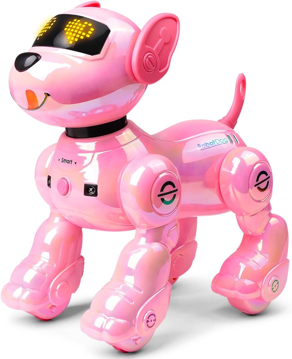 VATOS New Kids Remote Control Robot Dog, 17 Fun Interactive Functions Intelligent Programmable Kids Robotic Puppy with 2 Batteries, Singing Dancing Walking Robot Dog Toy for Girls 3-8 Years Old, Pink