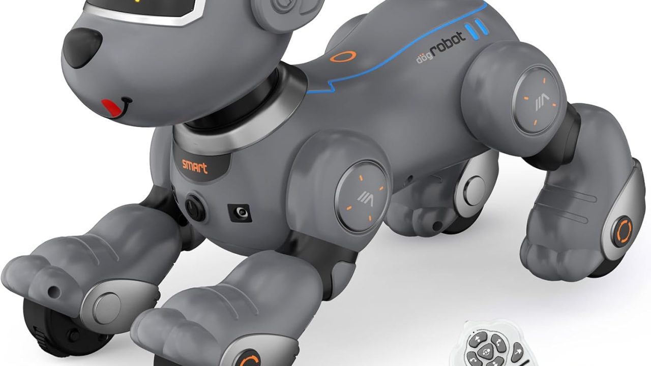 PRANITE Robot Dog, Programmable Remote Control Dog Toy for Kids with One-Key Following, Voice Control, Touch, Dance, Sing, Smart RC Stunt Puppy Toy Gift for Boys Girls (Gray)
