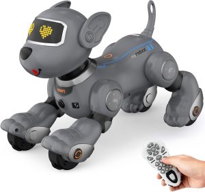 PRANITE Robot Dog, Programmable Remote Control Dog Toy for Kids with One-Key Following, Voice Control, Touch, Dance, Sing, Smart RC Stunt Puppy Toy Gift for Boys Girls (Gray)