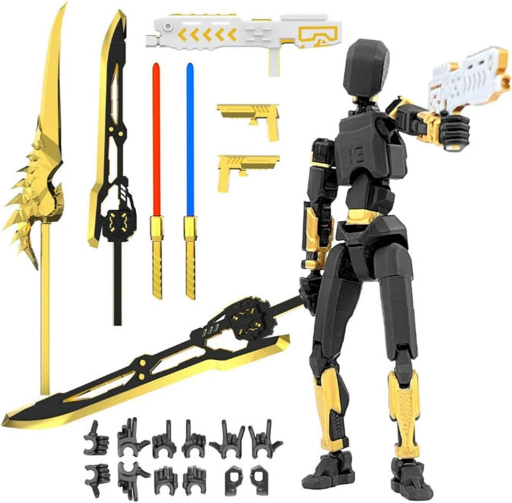T13 Robot Combat Humanoid Movable Model, Cool 3D Printed Jointed Warrior Humanoid Movable Model with Weapons, Detachable Joints (Black)