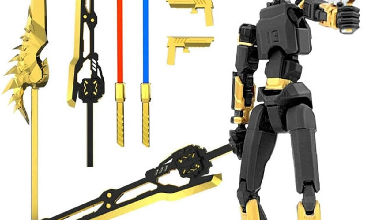 T13 Robot Combat Humanoid Movable Model, Cool 3D Printed Jointed Warrior Humanoid Movable Model with Weapons, Detachable Joints (Black)
