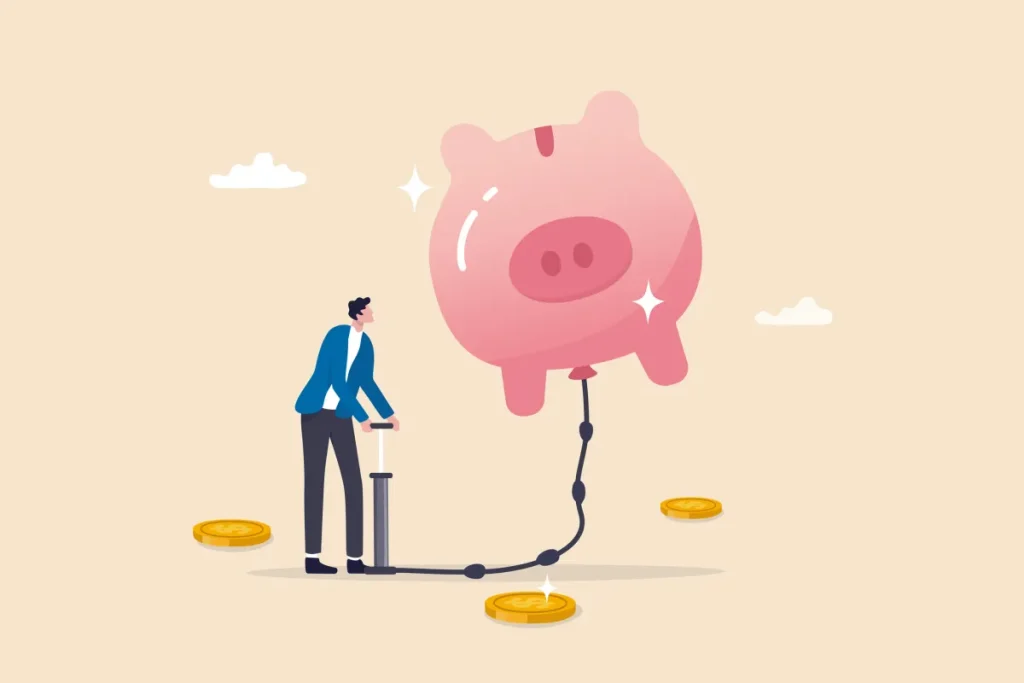 pumping air into a floating piggy bank