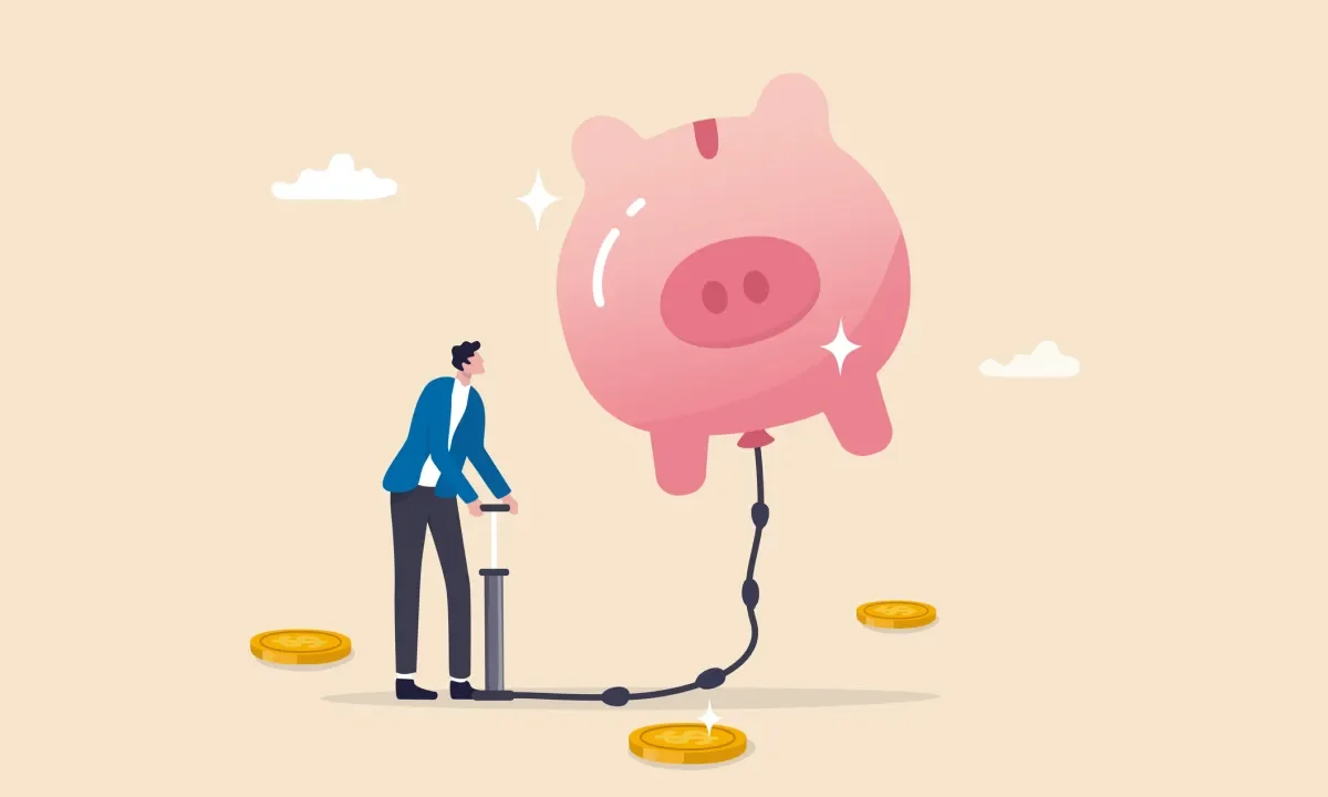 pumping air into a floating piggy bank