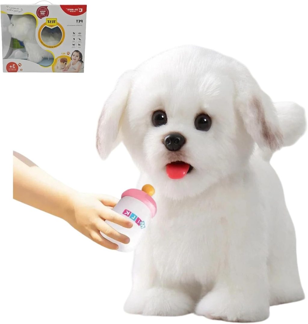 CU-MATE Electronic Walking Dog Toy, Interactive Plush Maltese Puppy, Realistic Interactive Pet Toy Dog, Walking, Barking, Wagging Tail & Talking, Present Gifts for 3+ Year