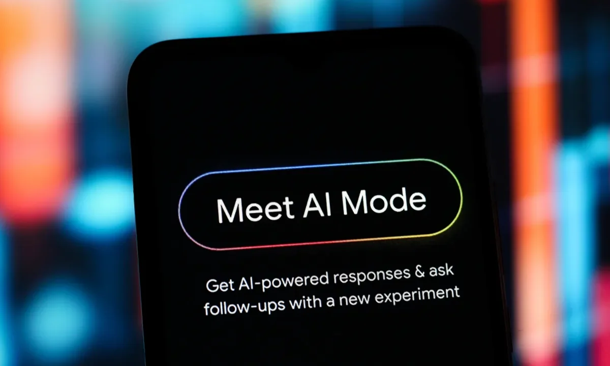 In this photo illustration, the Google Meet AI Mode logo is seen displayed on a smartphone screen.