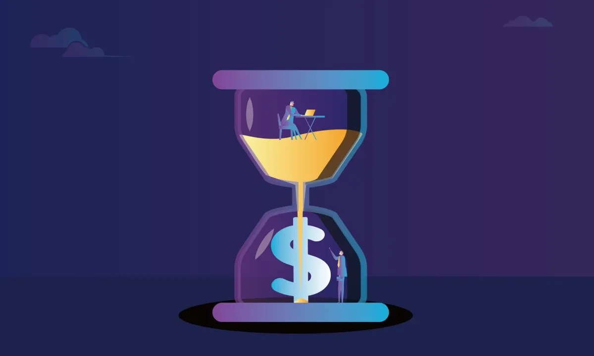Business men work in an hourglass, hourglass and dollars, time is money