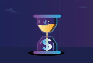 Business men work in an hourglass, hourglass and dollars, time is money