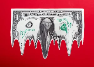 US $1 dollar bill in mid-air, melting