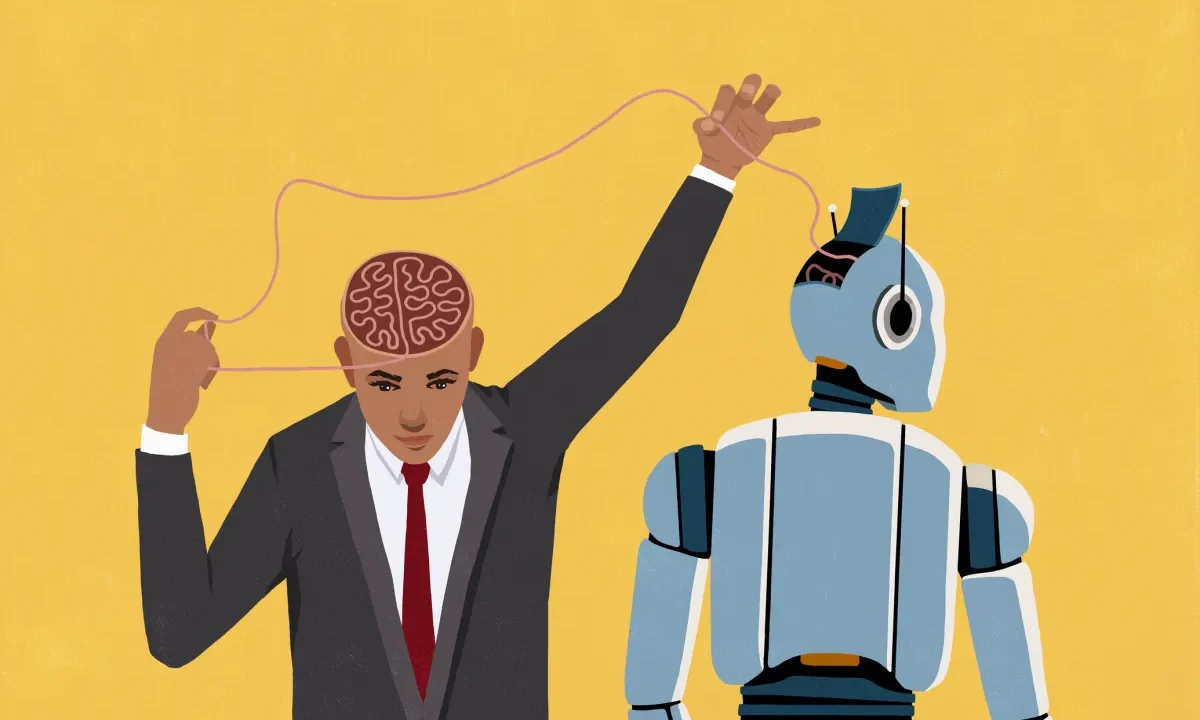 Businessman pulling at thread connecting his brain and open head of AI robot on yellow background