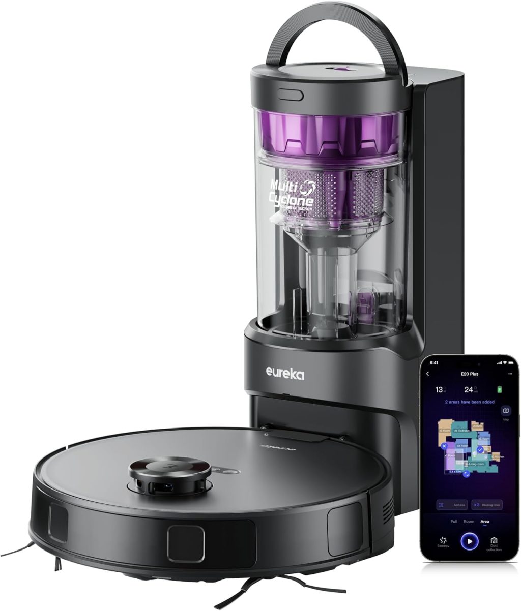 Eureka E20 Robot Vacuum with Bagless Self Emptying Station, Robotic Vacuum and Mop Combo, 45-Day Capacity, Upgraded 8000Pa Suction and Anti Hair-Tangling Brush, LiDAR Navigation, App Control
