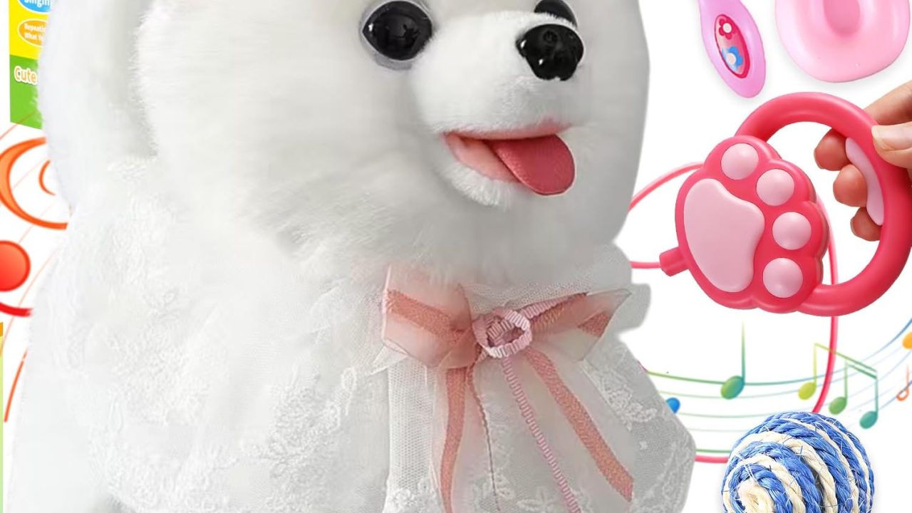 Marsjoy Samoyed Walking Barking Dog for Kids Interactive Musical Puppy Robot Repeats What You Say, Realistic Licking Tongue Wagging Tail Remote Control Toddler Toys for Girls and Boys Birthday Gifts