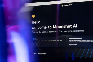Information for Moonshot AI's Kimi chatbot arranged on a computer.