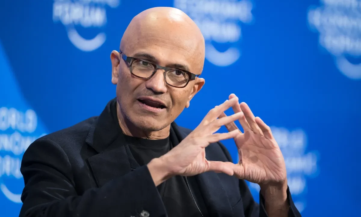 Microsoft CEO Satya Nadella gestures during a session at the World Economic Forum (WEF) annual meeting in Davos, on January 16, 2024.