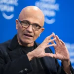 Microsoft CEO Satya Nadella gestures during a session at the World Economic Forum (WEF) annual meeting in Davos, on January 16, 2024.