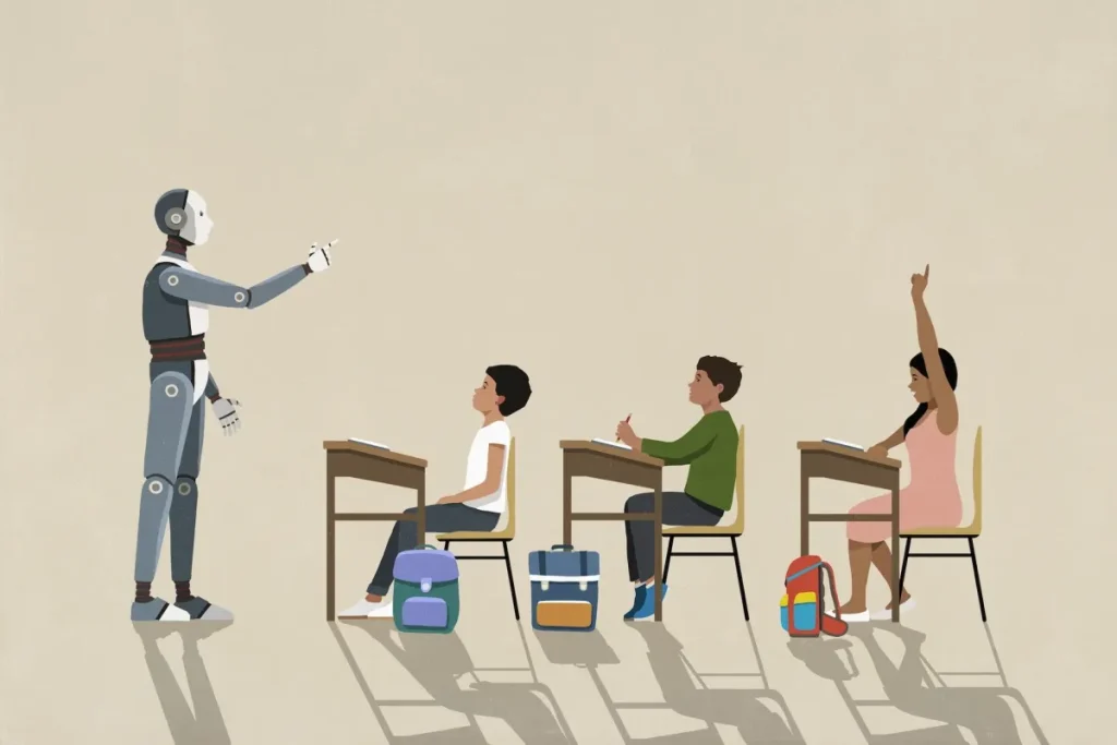 AI robot teaching schoolchildren at desks in classroom