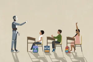 AI robot teaching schoolchildren at desks in classroom