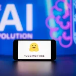 In this photo illustration, the Hugging Face logo seen displayed on a mobile phone screen with the AI (artificial intelligence) revolution symbol in the background.