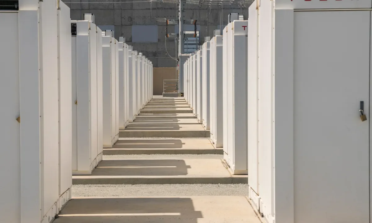 Tesla Megapack batteries during a tour of the Elkhorn Battery Energy Storage System in Moss Landing, California