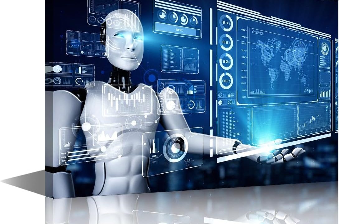 TUMOVO 1 Pieces Wall Art Decorations Artificial Intelligence Humanoid Robot Handheld Virtual Holographic Screen Picture for Home Office Decor AI Robotics Decor Artwork Ready to Hang (16" Wx24 H)