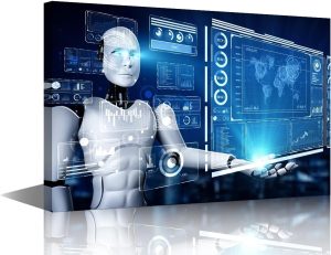 TUMOVO 1 Pieces Wall Art Decorations Artificial Intelligence Humanoid Robot Handheld Virtual Holographic Screen Picture for Home Office Decor AI Robotics Decor Artwork Ready to Hang (16" Wx24 H)